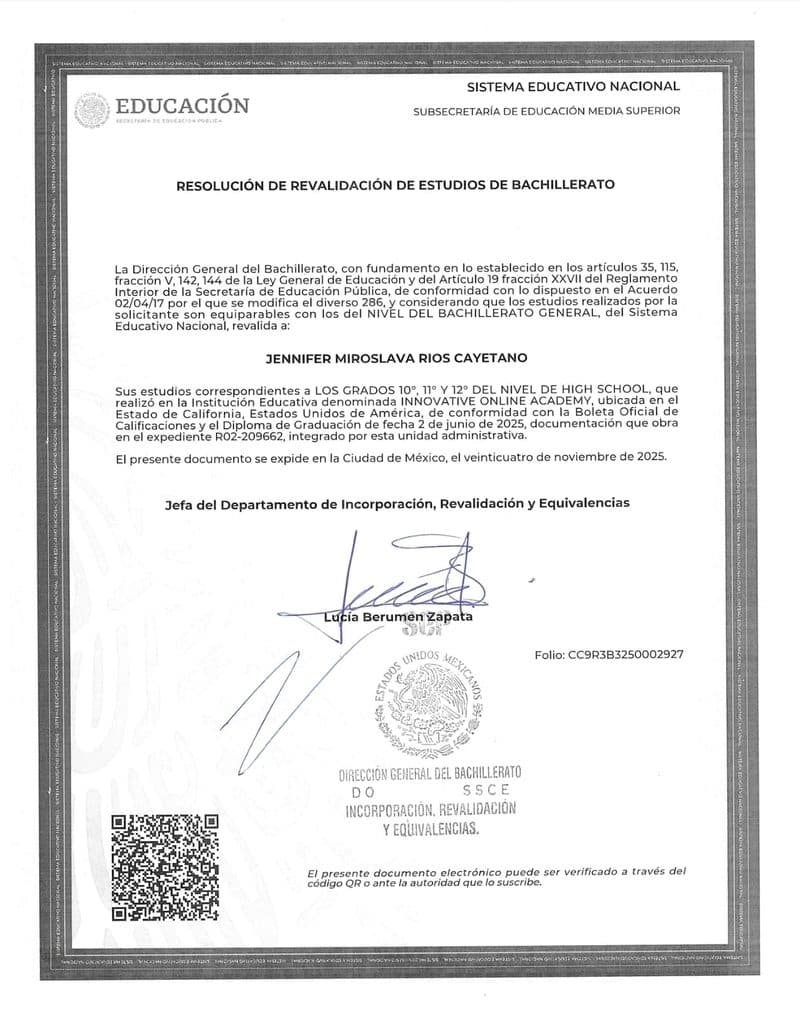 Documento oficial de Revalidación de Estudios emitido por la SEP (Secretaría de Educación Pública de México)