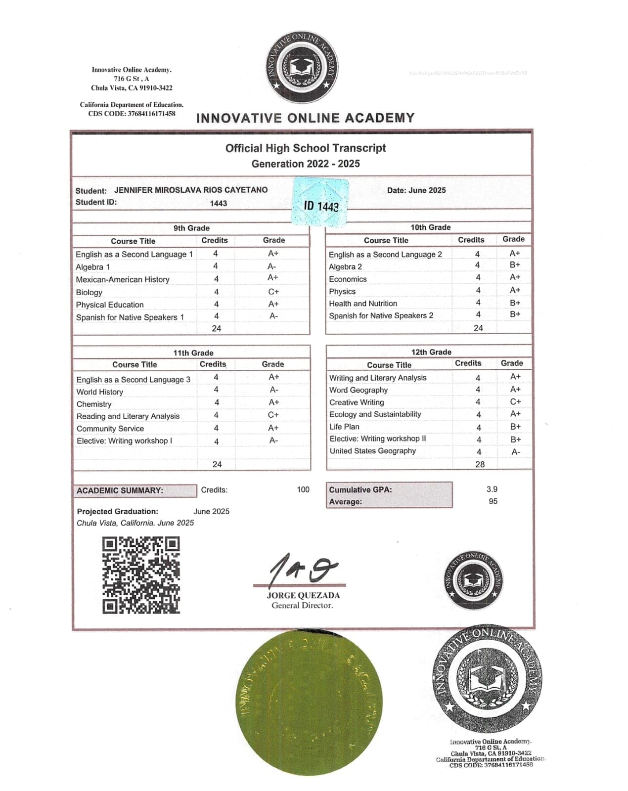 Transcript oficial con validez en el sistema educativo de California, Estados Unidos